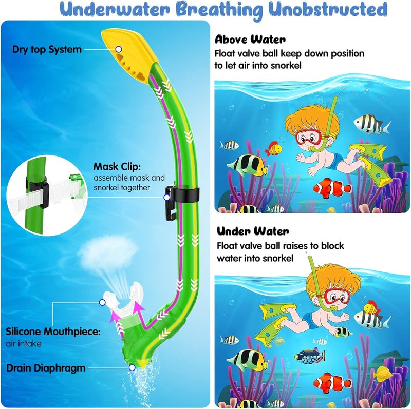 Seovediary Kids Snorkel Set, Mask Fins Snorkeling Gear for Kids Anti-Fog Swim Goggles 180 Panoramic View Dry Top Snorkel and Dive Flippers Combo with Travel Bag for Snorkeling Training Swimming Diving - Image 3